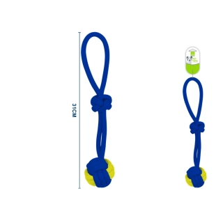 Provazová hračka smyčka s uzlem a míčem Nunbell - modro-žlutá - malá